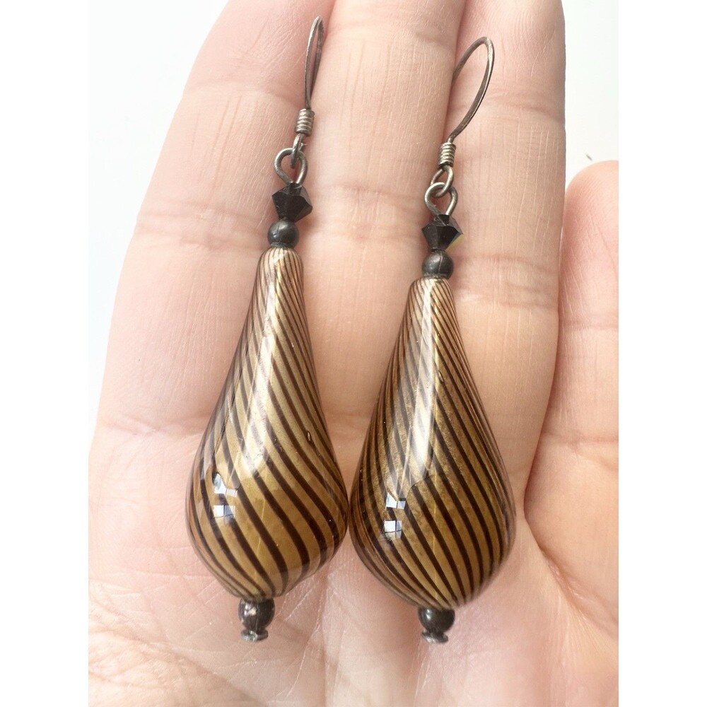 Vintage Glass Blown Earrings Brown Spiral Stripe Teardrop Dangle 1 5/8"